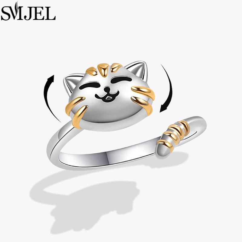 Luxury Anti Stress Anxiety Rings Fidget Spinner Ring Adjustable for Women Cute Flower Cat Starfish Ring Rotating Freely Jewelry