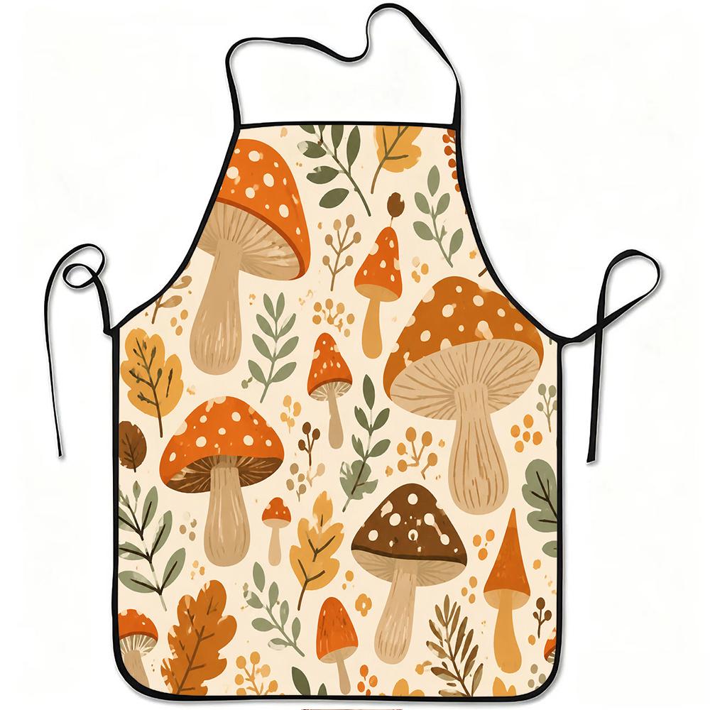 1pc Autumn Forest Mushroom Leaves Print Apron, Durable And Easy to Clean, Adjustable Waistband, Polyester Material, for Kitchen Cooking, Gardening, Or
