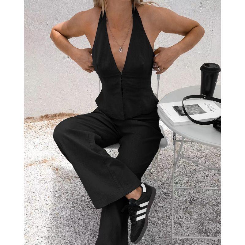 European and American Sexy Halterneck Vest High Waist Pants Suit Hanging Neck Vest and Pants Set