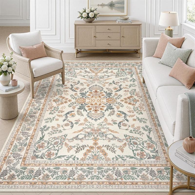 Vintage Persian Blue Green Floral Large Carpet for Living Room American Light Luxury Rug Non-Slip Machine Washable Floor Mat