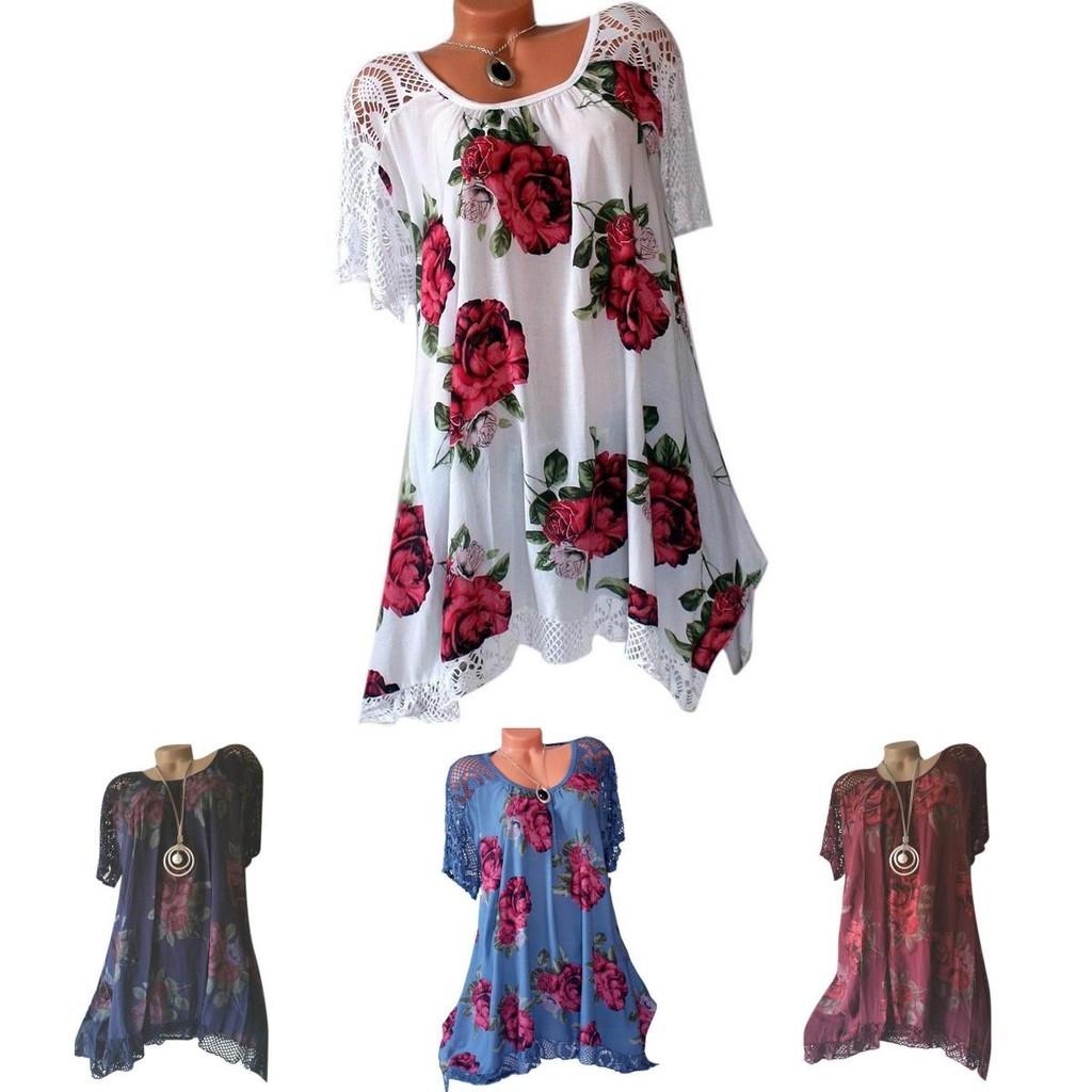 Women's Fashion Oversize Lace Patchwork Blouse With Elegant Floral Print Short Sleeve
