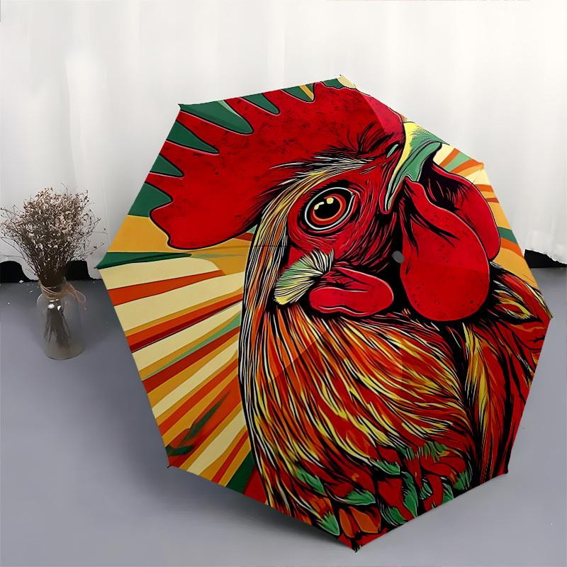1pc Colorful Rooster Design Automatic Opening/Closing Umbrella with Foldable Design, Iron Frame, Outdoor Use, Festival Gift, Suitable for Fans, Travel