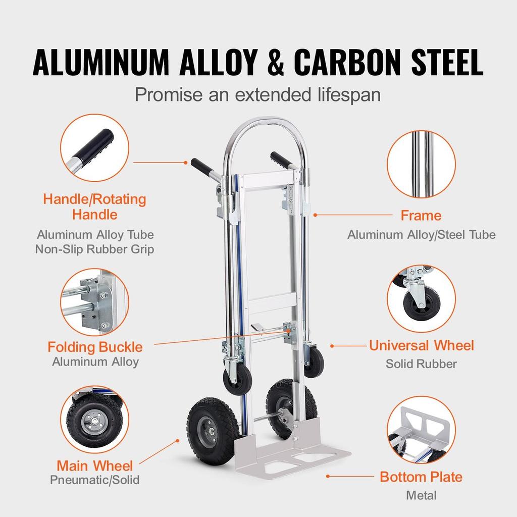 Aluminum Hand Truck, 2 in 1, 800 lbs Load Capacity, Heavy Duty Industrial Convertible Folding Hand Truck and Dolly, Utility Cart Converts from Hand