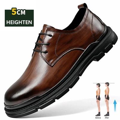 Fashion Men Flat / 5cm Height Increasing Leather Shoes Formal Elevator Shoes Man Lift Business Wedding Oxfords Genuine Leather Tall Shoe