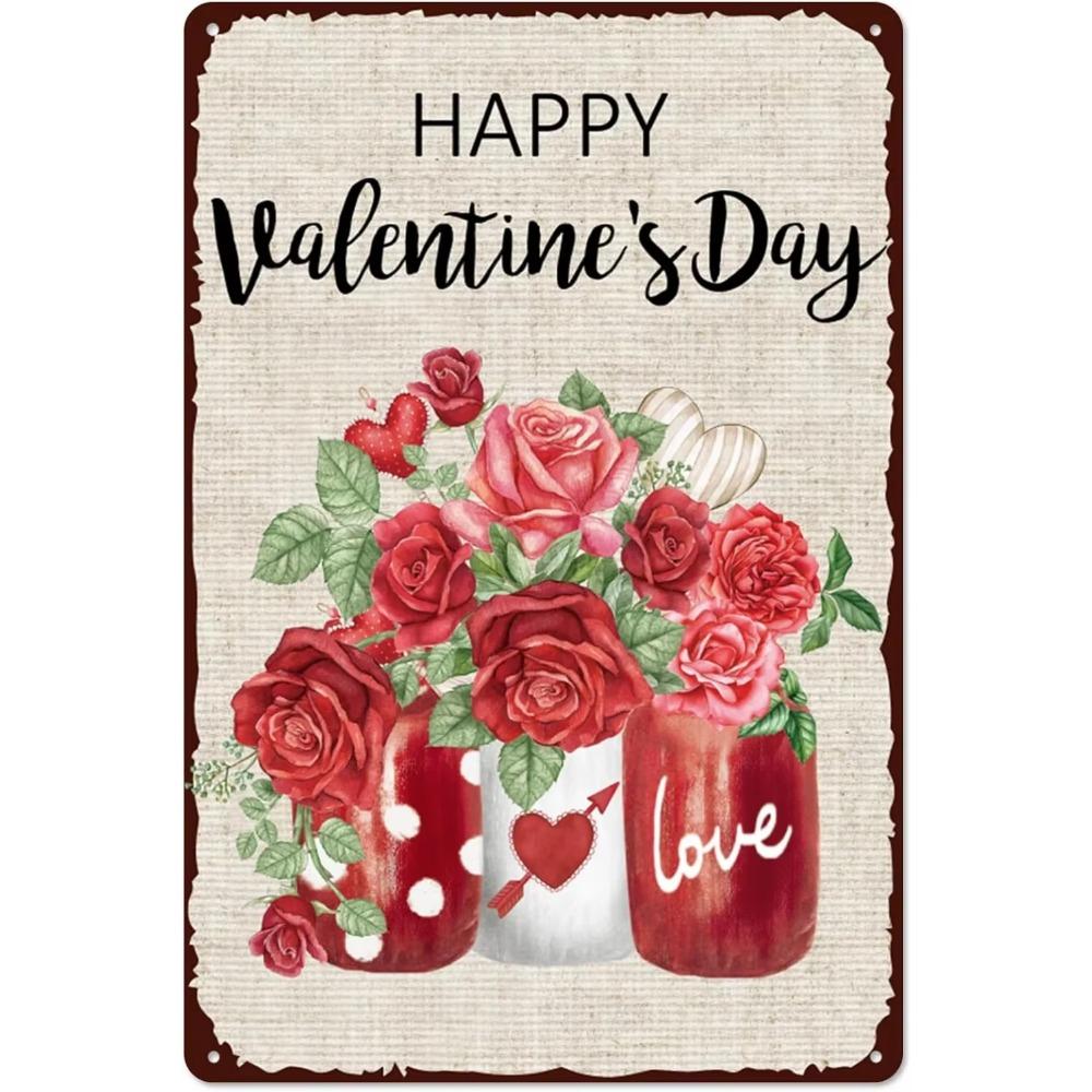 Enchanting Valentine's Retro Tin Sign: Rose - Adorned Mason Jar Design for a Romantic Garage Wall