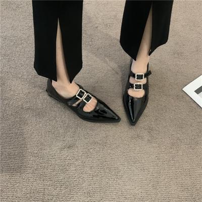 Fashion Patent Leather Women Pumps 2024 New Arrivals Dress Shoes Flat Low Heels Red/Black Belt Rhinestone Buckle Dress Shoes Woman 35-40