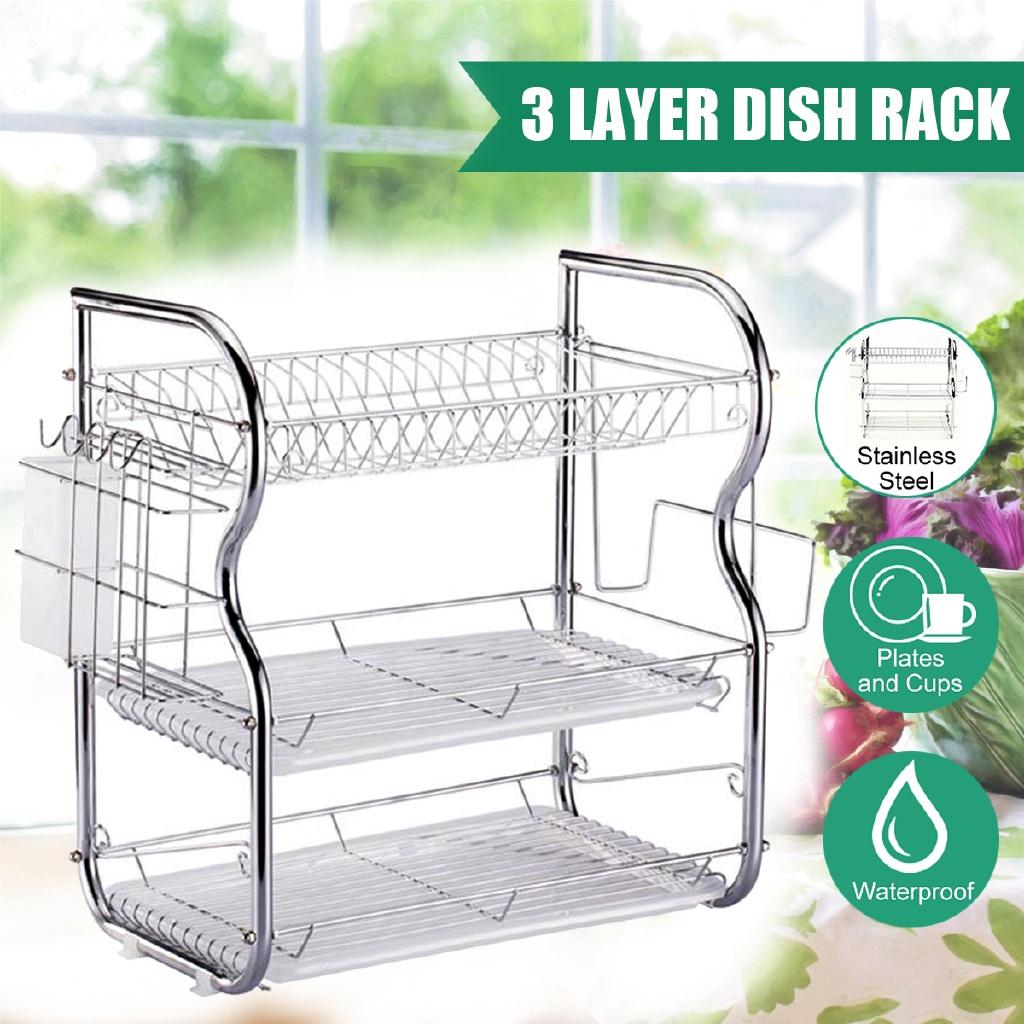 2/3 Tiers Stainless Steel Home Washing Kitchen Sink Dish Drainer Multifunction Dish Drying Rack Holder Basket