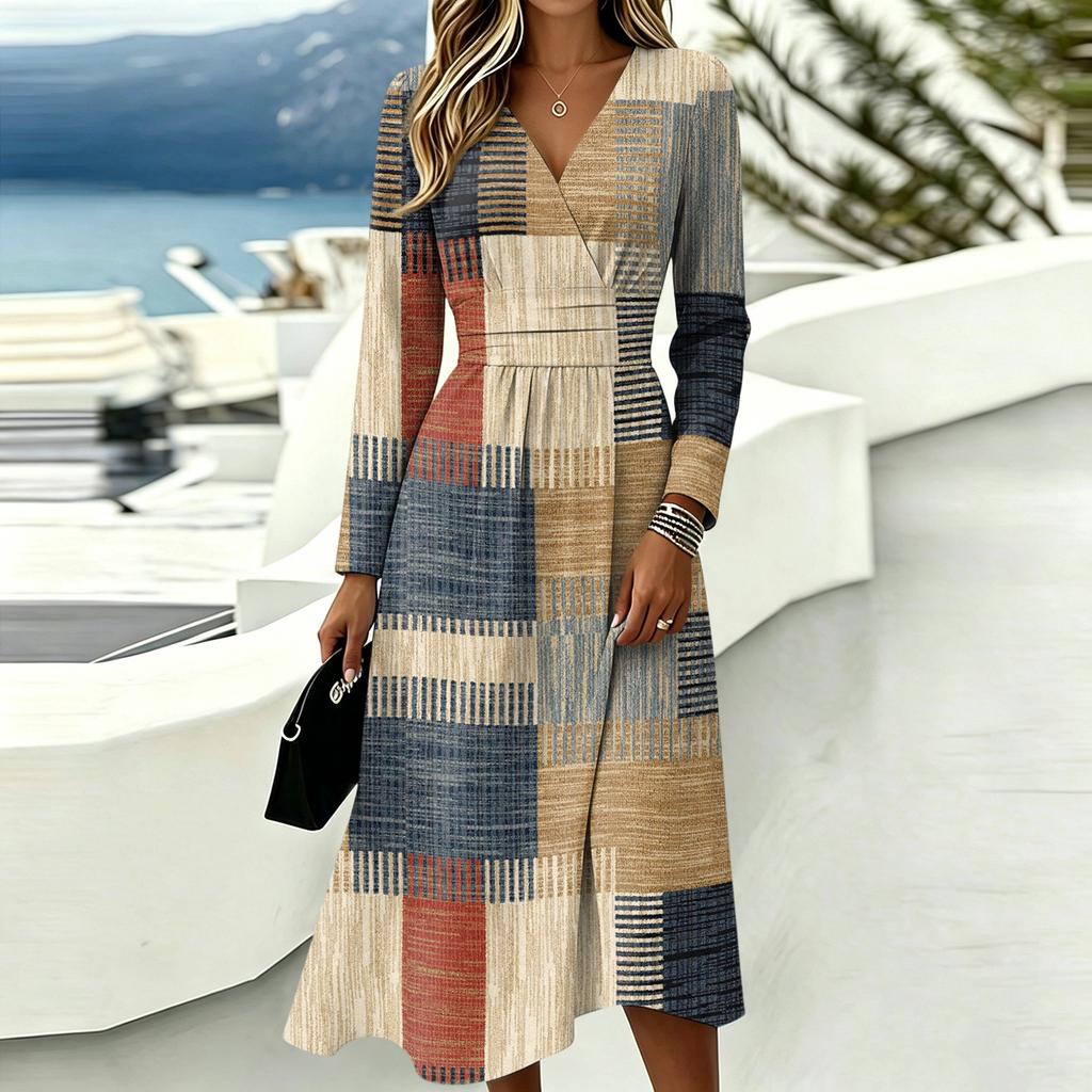 Women's Plaid Print Casual Long Sleeve V-Neck Dress with Pockets for Everyday Wear