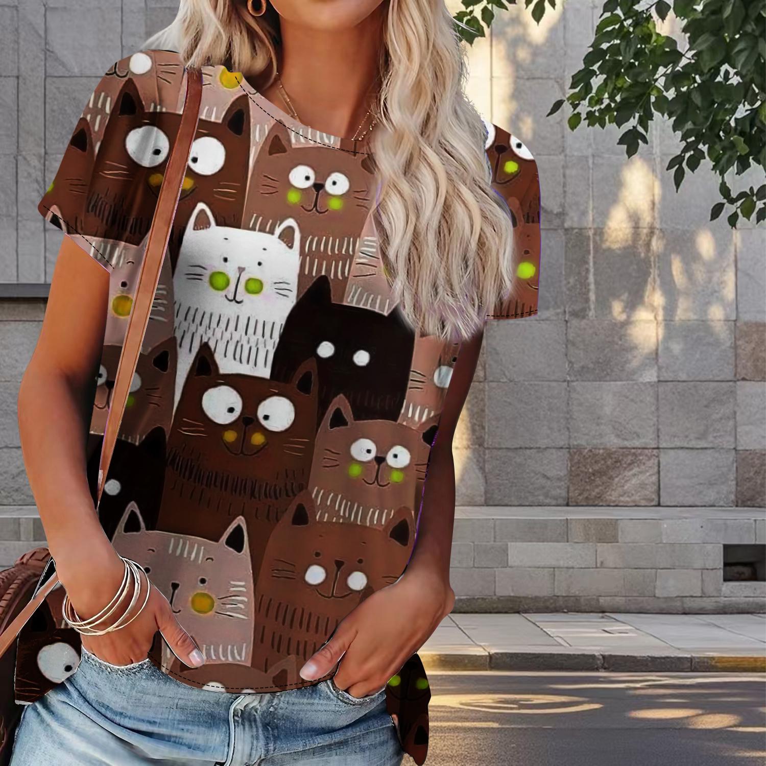 

Женская летняя футболка с принтом котенка в стиле ретро, футболки с коротким рукавом, повседневные топы с принтом 8XL коричневый