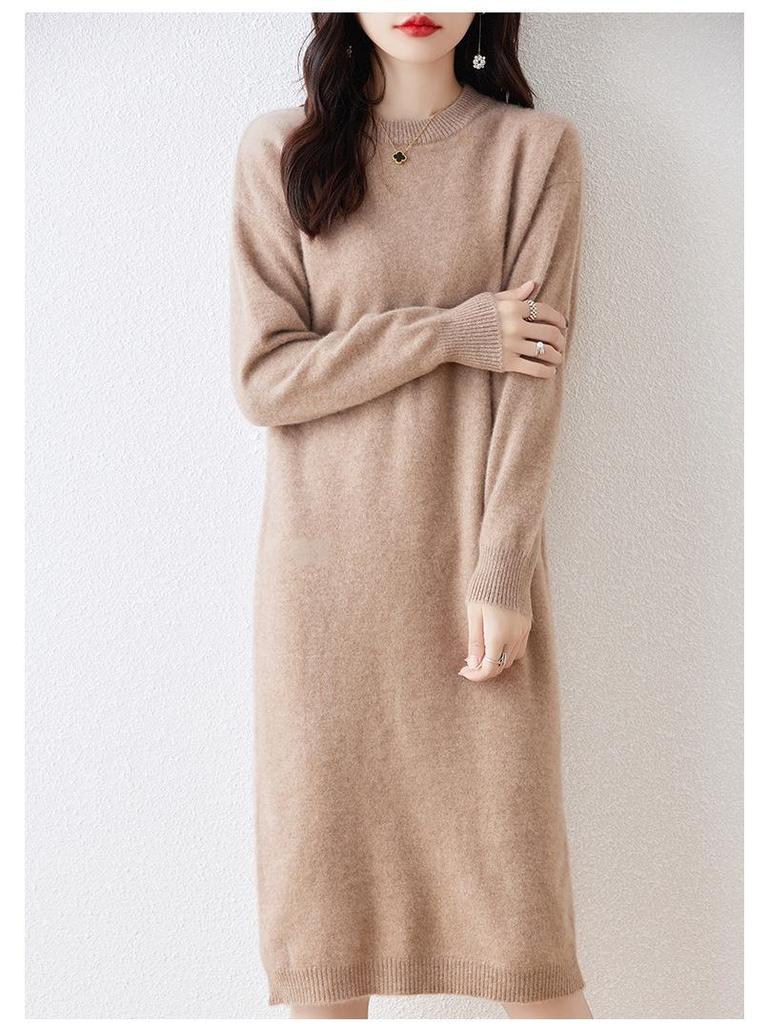 Women's Long Wool Knitted Dress - Over-the-Knee, Semi-High Neck, Loose Fit for Autumn/Winter