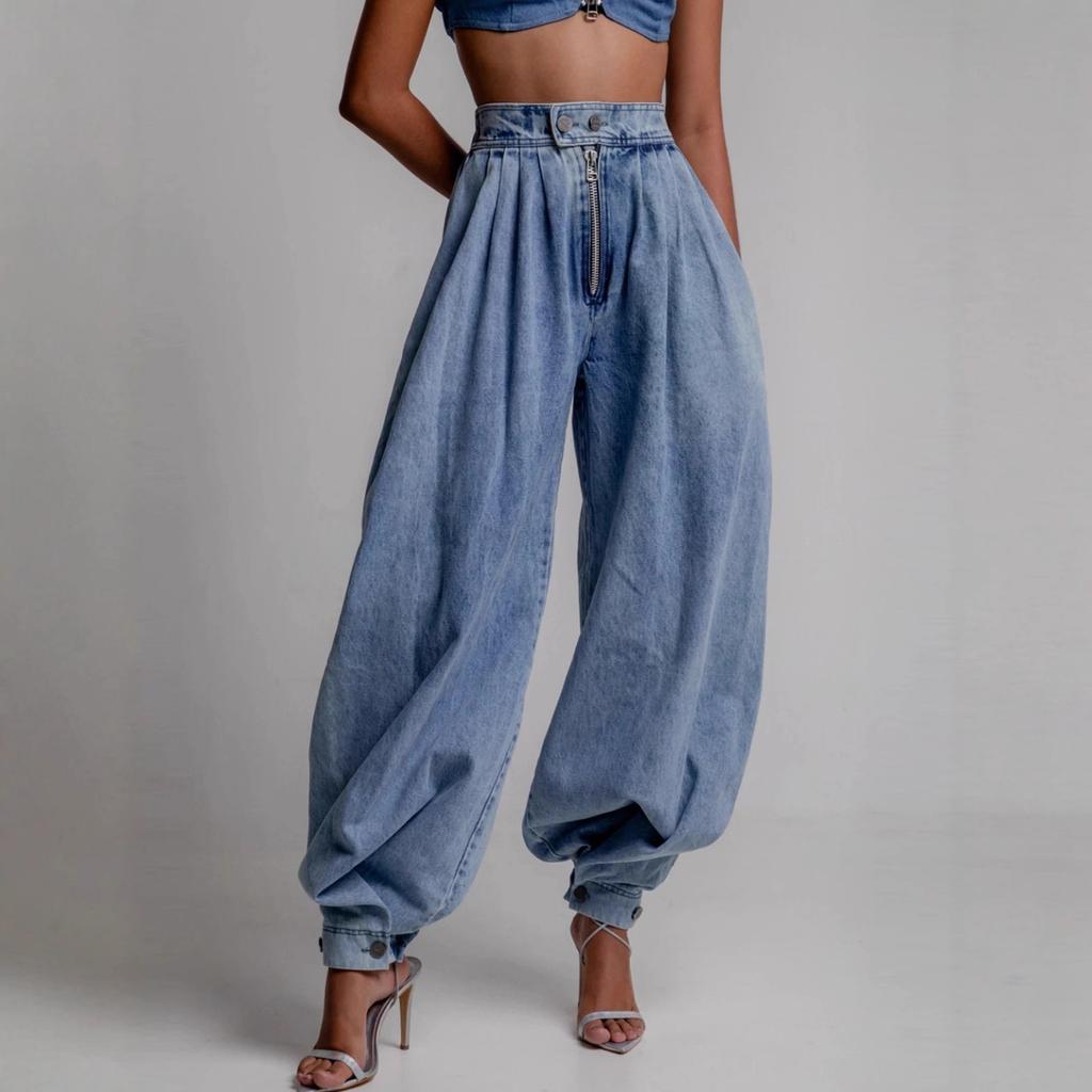 High Waisted Front Zipper Baggy Harem Jeans Vintage Streetwear Washed Blue Loose Tapered Buttoned Ankle Casual Denim Trousers