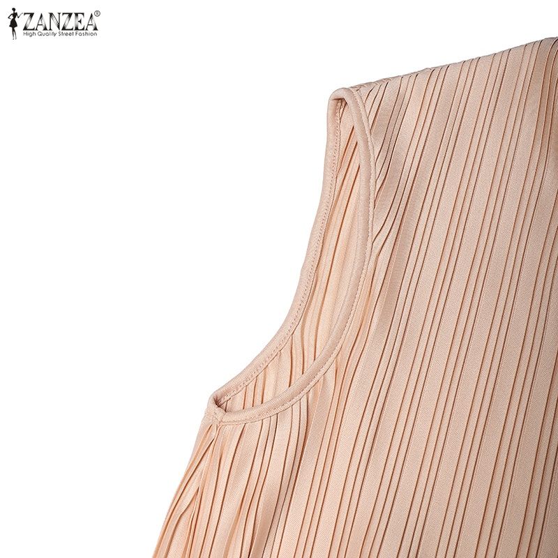 ZANZEA Women Elegant V-Neck Casual Sleeveless Pleated Long Dress