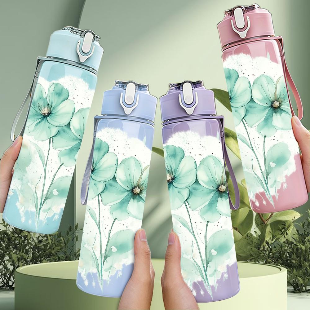 1PC Light Green Flower Watercolor Print 750ml Color Plastic Sports Water Bottle Leakproof Flip Straw Lid Suitable for Sports Office Home Use