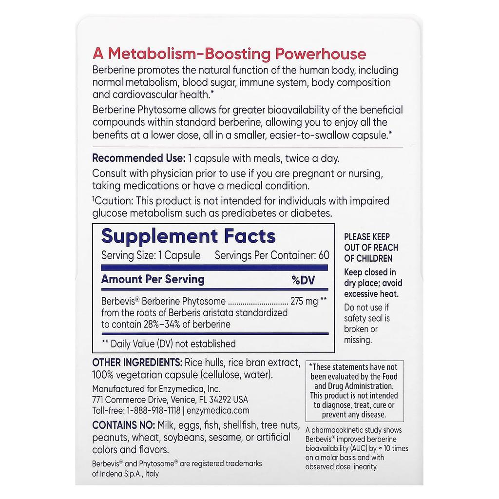 Berberine Phytosome, 60 Capsules (275Mg per Capsule)