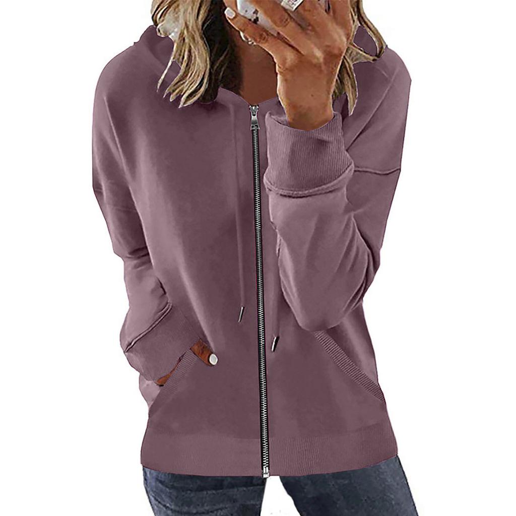 Women's Loose Fit Solid Color Zip Up Hooded Long Sleeve Sweatshirt Casual Pocket Hoodie Top
