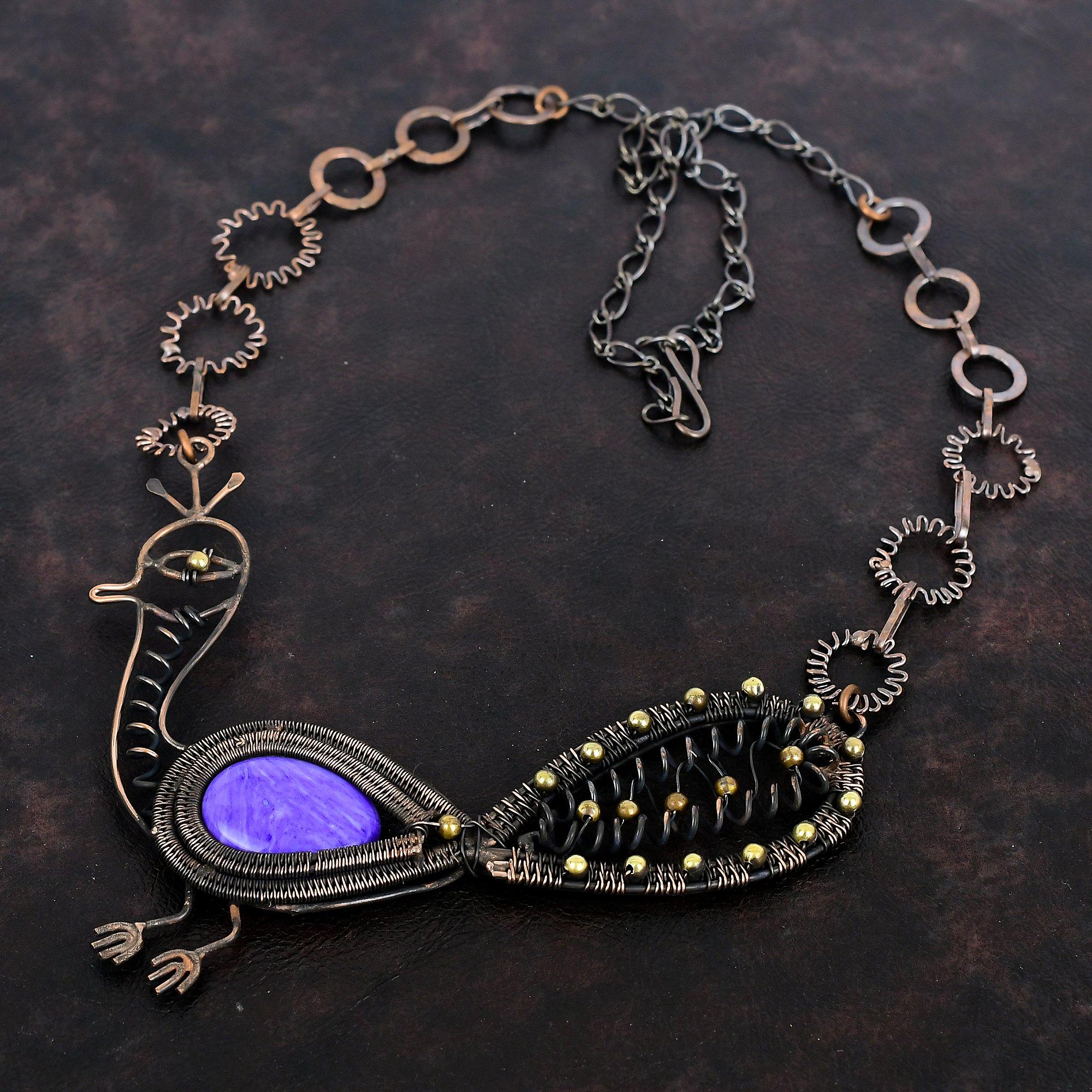 

Charoite Necklace Copper Wire Wrapped Gemstone Necklace Adjustable Chain Necklace Peacock Necklace Handmade Necklace For Gift Copper Jewelry Adjustable