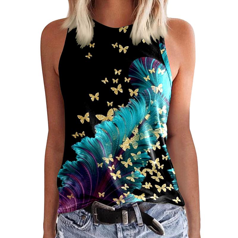 Damen Butterfly 3D-Druck ärmelloses T-Shirt, Y2K Retro Streetwear, Rundhals Tanktop, schulterfrei, ärmelloses T-Shirt für Damen