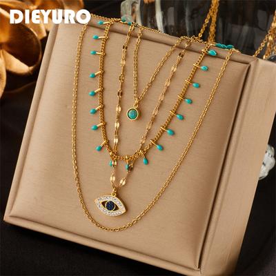 DIEYURO 316L Stainless Steel Zircon Multilayer Green Stone Eye Necklaces For Women Vintage Chokers Party Gift Accessories