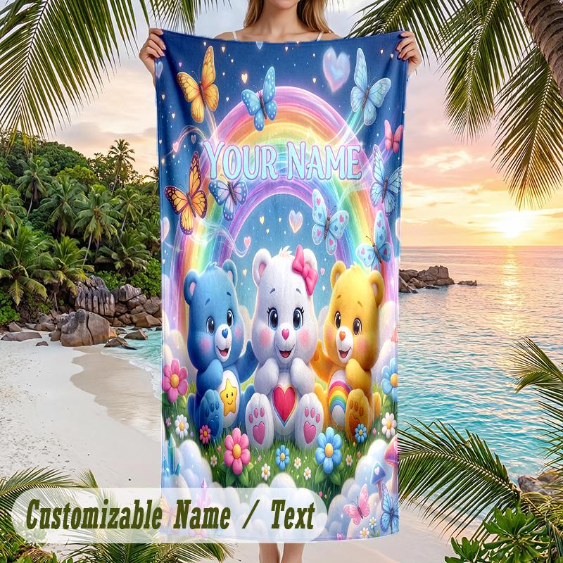 Care Bears Beach Towel, Personalized Custom Text, Quick Dry Soft Large Towel For Swimming Pool Travel