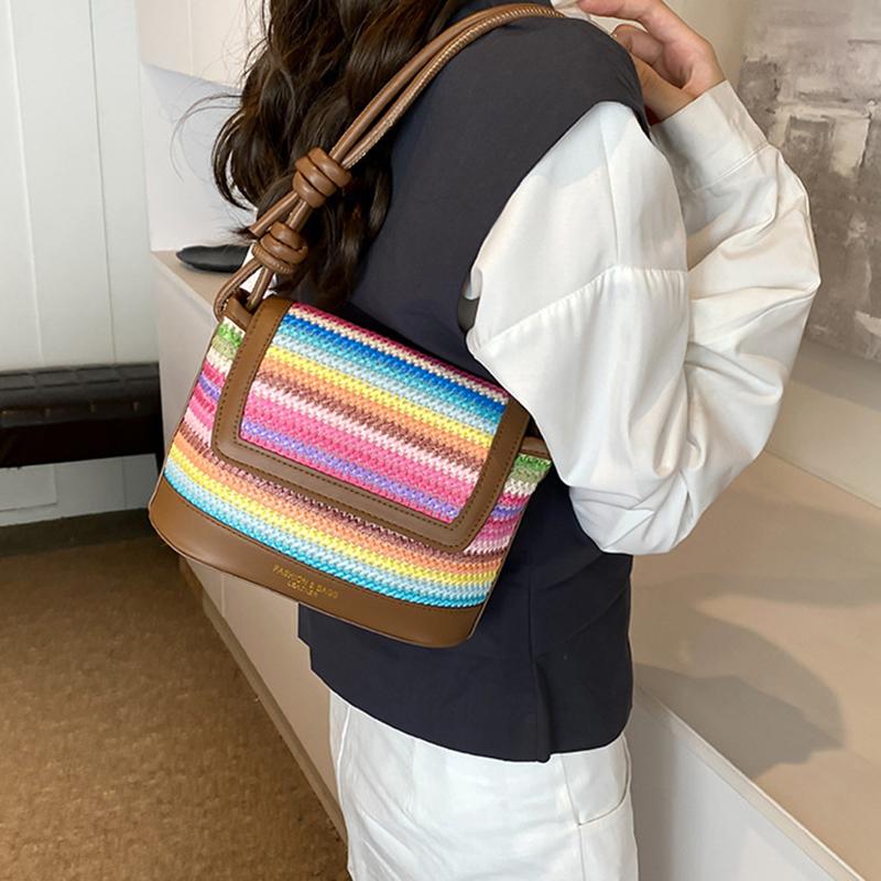 Yogodlns Women Rattan Knitting Beach Bag Large Capacity Seaside Straw Shoulder Bag Rainbow Color Sling Bag Travel Vacation Bag