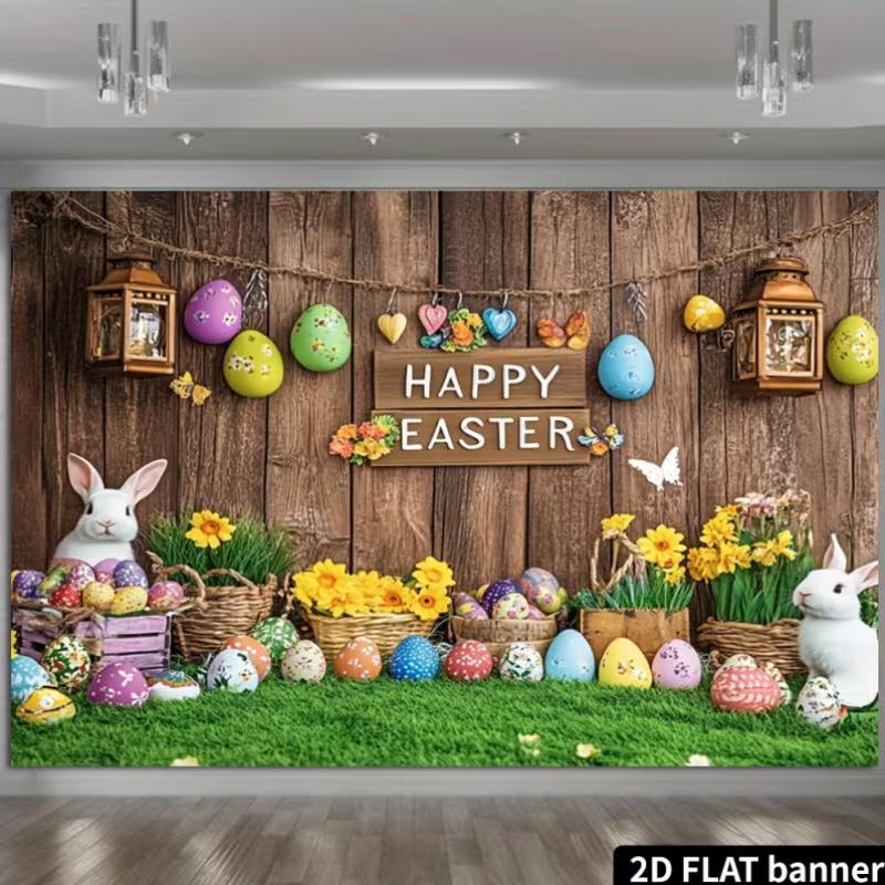 2D rustikales Frohe Ostern Banner - Holz Wand Hase Eier Kulisse für Osterfeier Fotografie