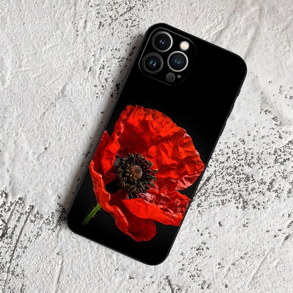 Poppy Flower Bloom Phone Case for Iphone 15 14 13 12 11 Pro Max Xr X Xs Mini 8 Plus SE 2022 Black Soft Silicone Cover
