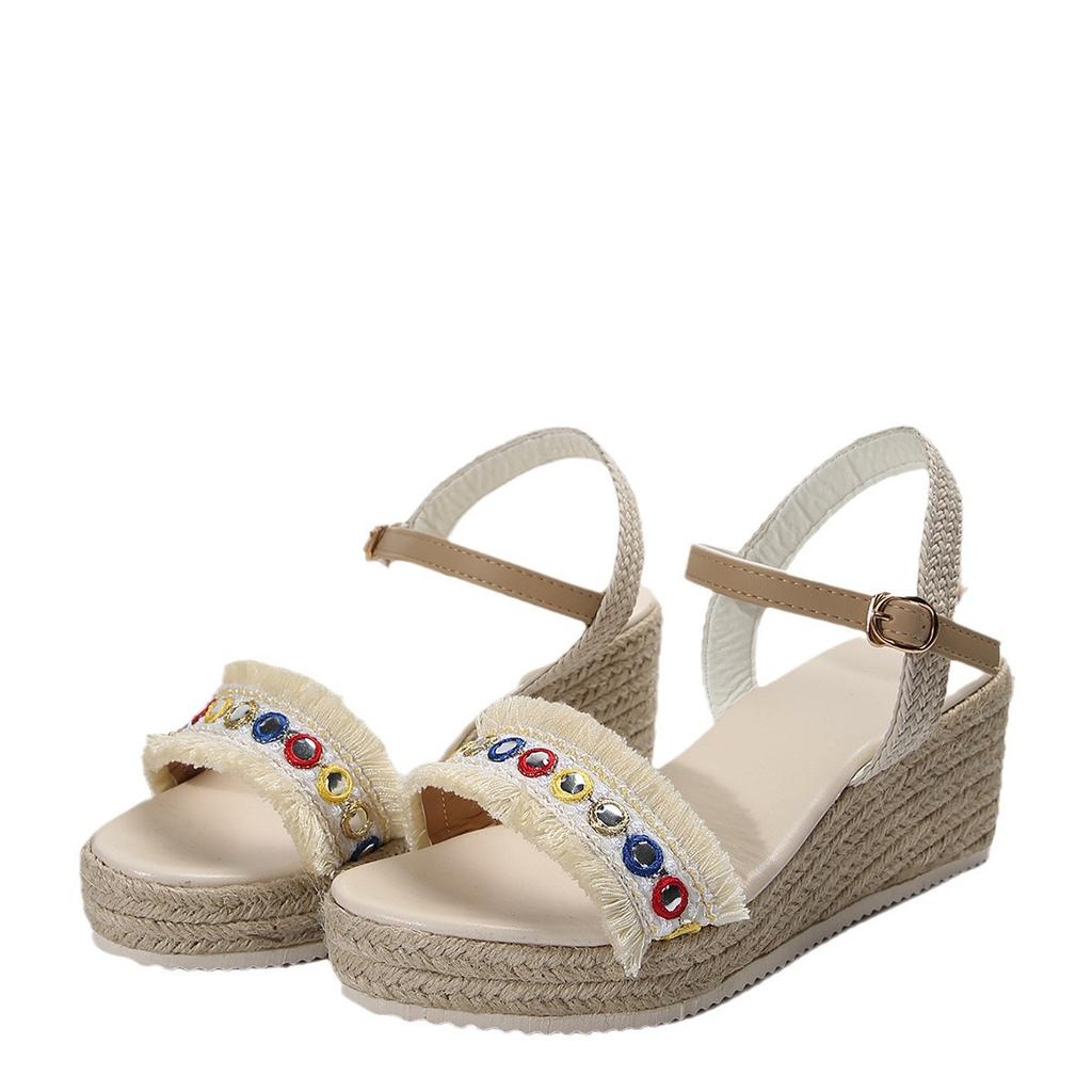 Außenhandel Übergröße Keilsandalen Jugendlich 2024 Frühling und Herbst Neu Fischmaul Hanfseilboden Ein-Wort-Schnalle Sandalen Damen