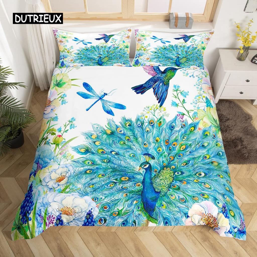 Set Husă Plapumă Păun Elegant Superb Albastru Pene Husă Plapumă Fete Femei Roz Flori Păsări Animal Poliester Husă Plapumă
