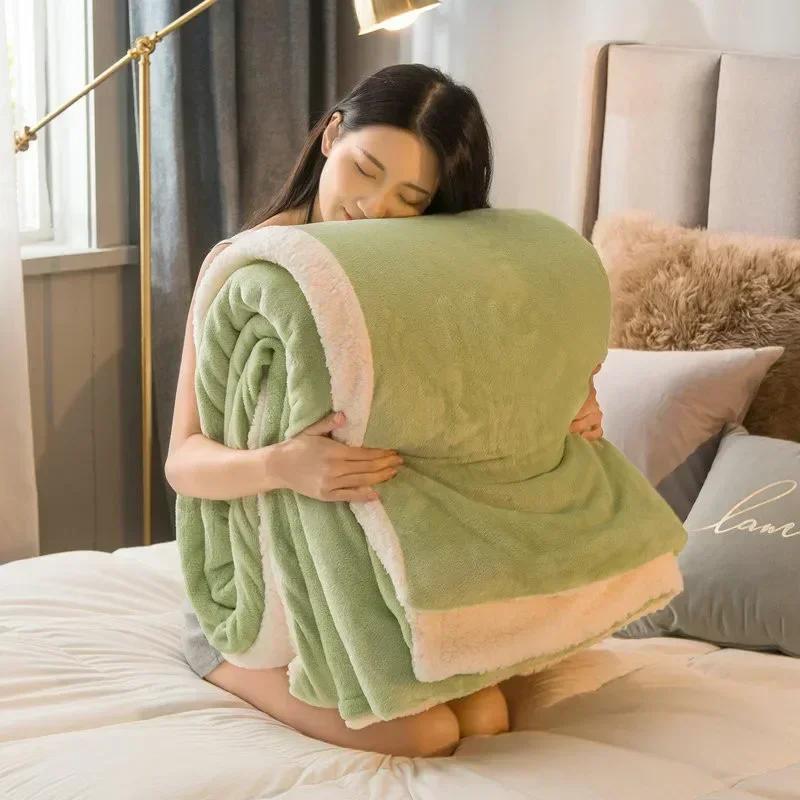 Thick Blanket Lamb Wool Warm Sleeping Double Side Microfiber Flannel Fleece Blankets for Bed Cozy Comfortable Super Soft Quilt