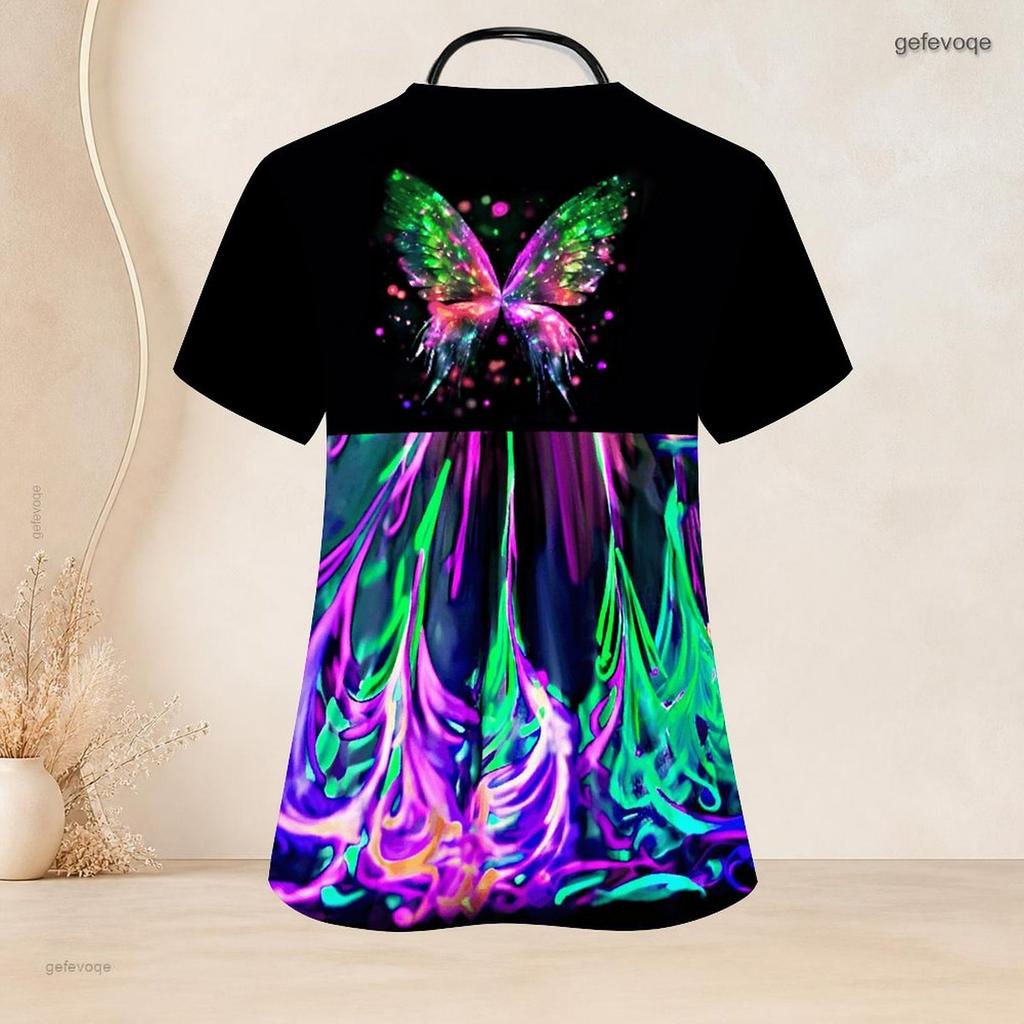 Women Plus Size Keyhole Neck Short Sleeve Printed Scrub Top With Front Pockets Black Gradient