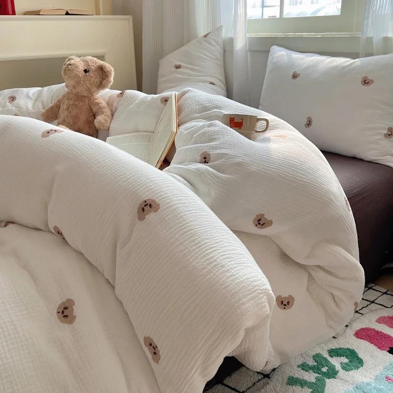 Cute Strawberry And Rabbit Duvet Cover Set Washed Cotton Linen Feel Super Soft Comfortable Chic 4Pcs Home Decor Bedding Set