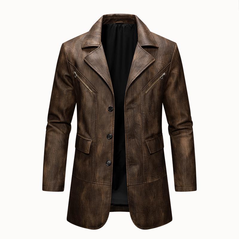 Men's 2025 Autumn/Winter American Lapel Leather Jacket Suit Overcoat - New Spring/Autumn Loose Outerwear