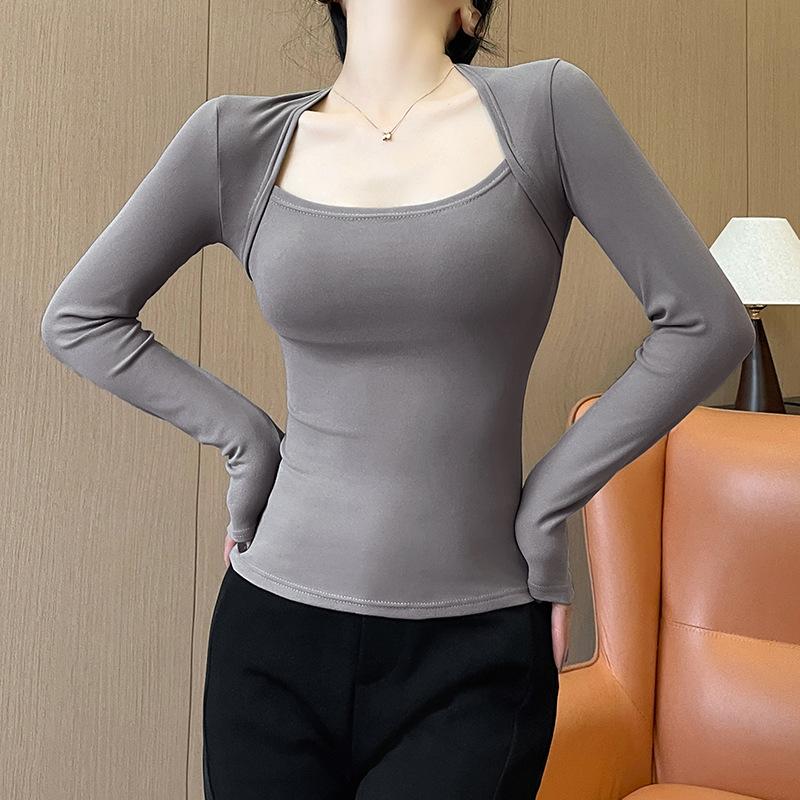 White Square-necked Bottoming Shirt for Women's Spring and Autumn Senior Sense, Slim-fitting Long-sleeved T-shirt, Sexy Short Tights