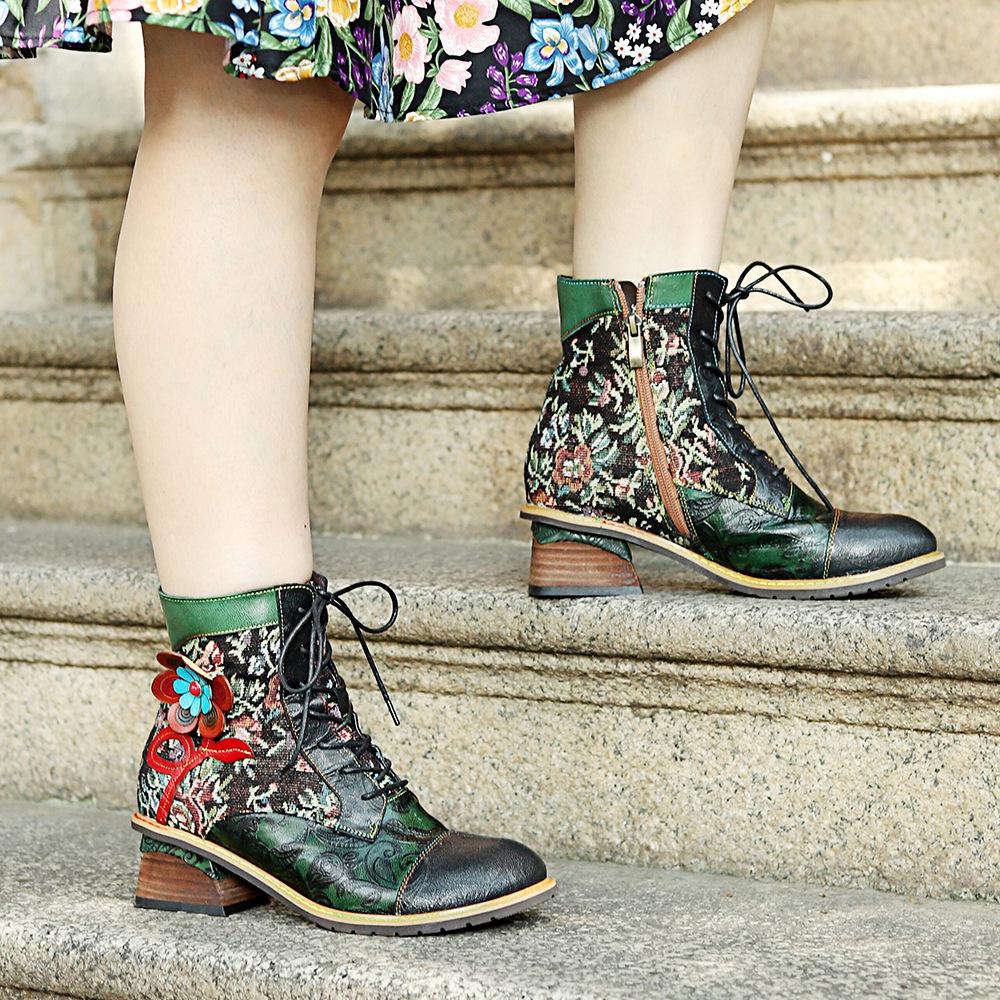 2024 otoño e invierno nuevo cuero pulido a mano estampado retro empalme cómodas botas de mezclilla de tacón grueso