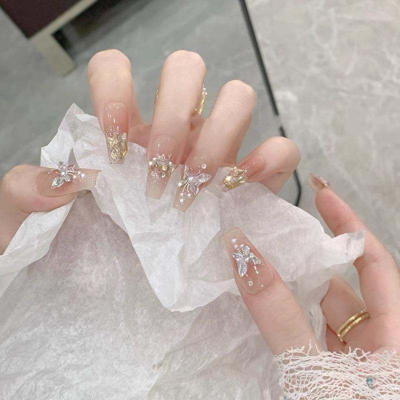 Handmade Butterfly Champagne Diamond False Nails with Whitening Blush