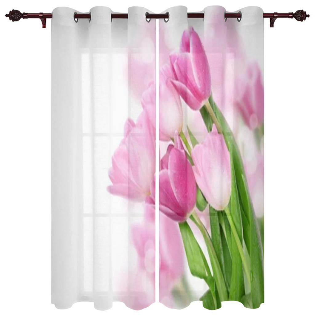Spring Tulip Flower Plants Window Curtain Living Room Luxury Valance Curtain for Bedroom Home Kitchen Decor Curtain