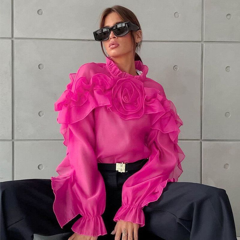

French-Style Elegant Mesh Small Stand-Up Collar Layered Ruffle Shirt 2024 European and American Spring New Fashion Women s Clothing Rose Red S