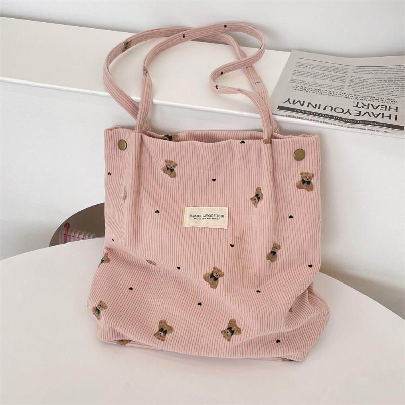 9 Corduroy Cartoon Printed Bear Large Capacity Portable Shoulder Bag Student Class Armpit Bag
