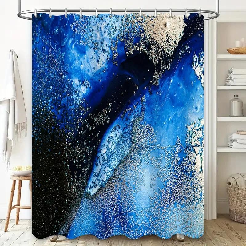 Monika Chen Blue/White Abstract Ocean Shower Curtain - & Watercolor Waves, Waterproof Modern Bathroom Decor