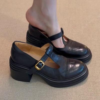 Skóra bydlęca~ Prawdziwa skóra buty damskie Mary Jane na grubej podeszwie czarne na wysokim obcasie gruby obcas retro francuskie pojedyncze buty podwyższające małe skórzane buty