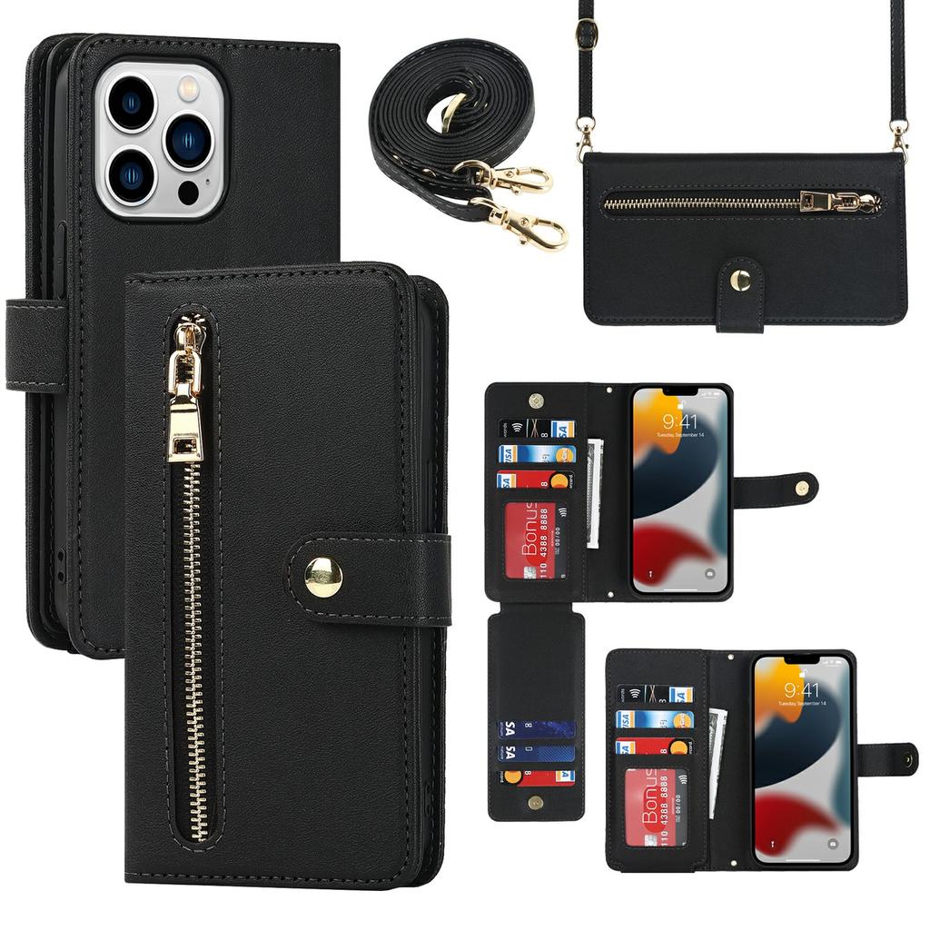 For iPhone 13 Pro Stand Case PU Leather Phone Cover with Straps/Zipper Wallet/Multiple Card Slots