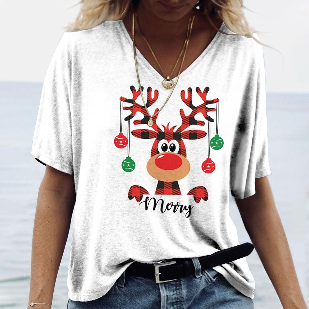 Plus Size 6XL Merry Christmas Women's Short sleeved V-neck T-shirt Christmas Tree Santa Claus Letter Print Simple Trendy Trend Women Clothing