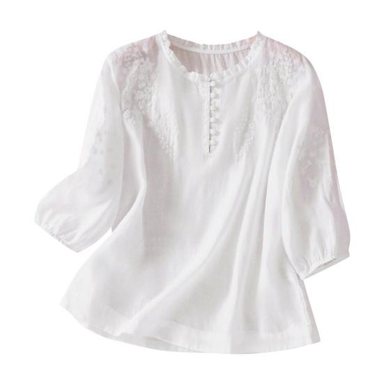 Camicia da Donna Ricamata Floreale Manica a 3/4 a Palloncino Vestibilità Larga Pullover Top Orlo Curvo Casual Estiva Blusa Traspirante Quotidiano