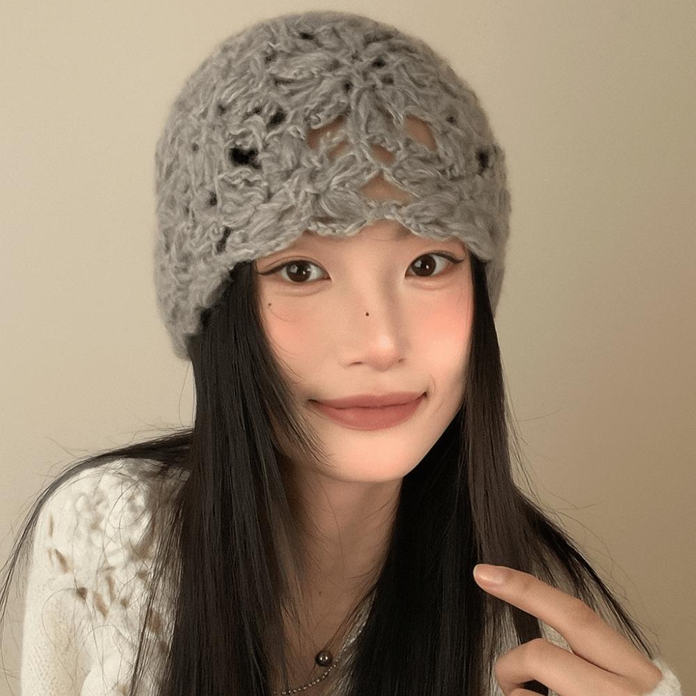 Hollow Knitted Pullover Hat Solid Color Beanies Cap Sweet Crochet Flower Hat  Girls