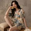 1011 Summer New Lyocell Pajamas Women's Short Sleeve Shorts Flower Print Pastoral Thin Loungewear Set