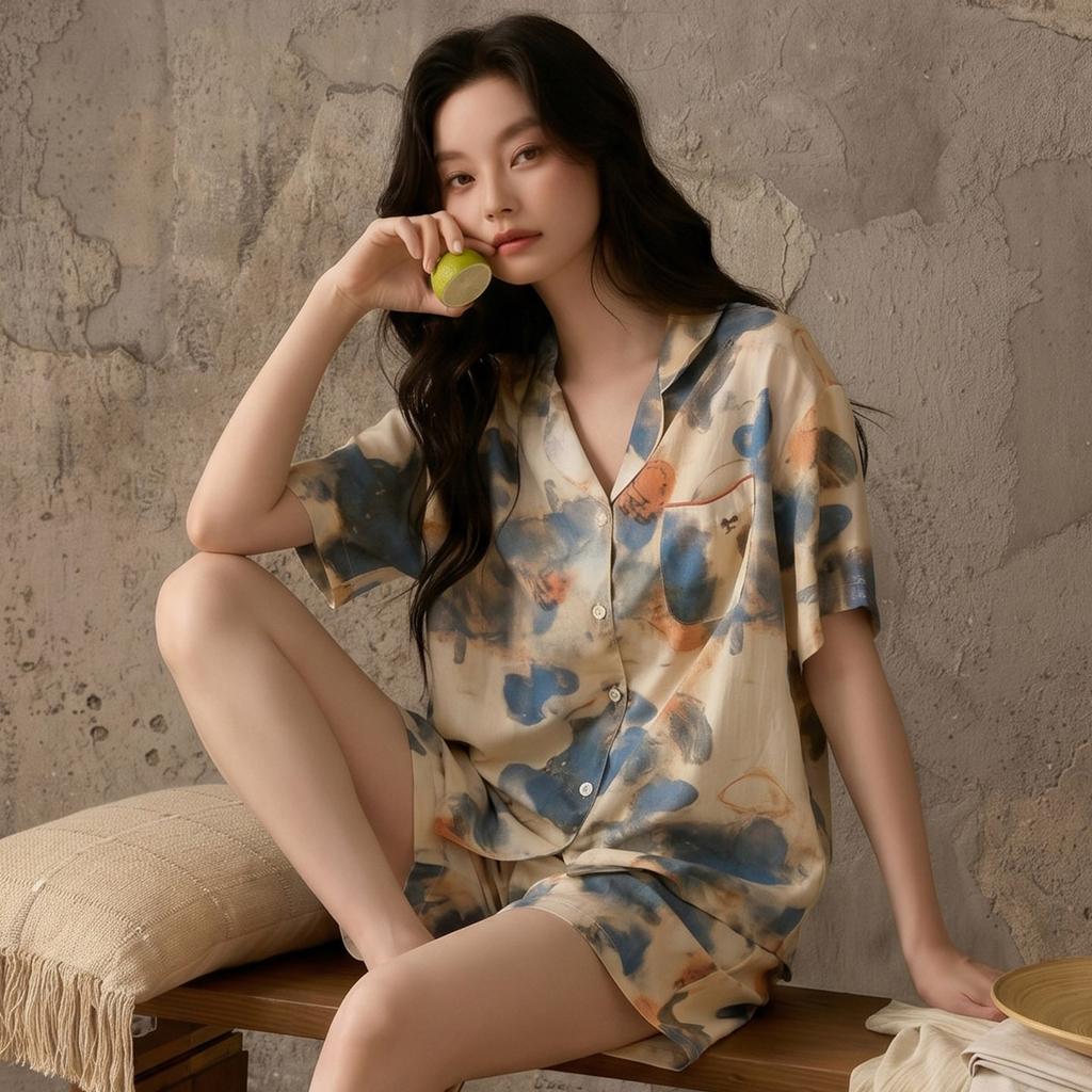 1011 Summer New Lyocell Pajamas Women's Short Sleeve Shorts Flower Print Pastoral Thin Loungewear Set
