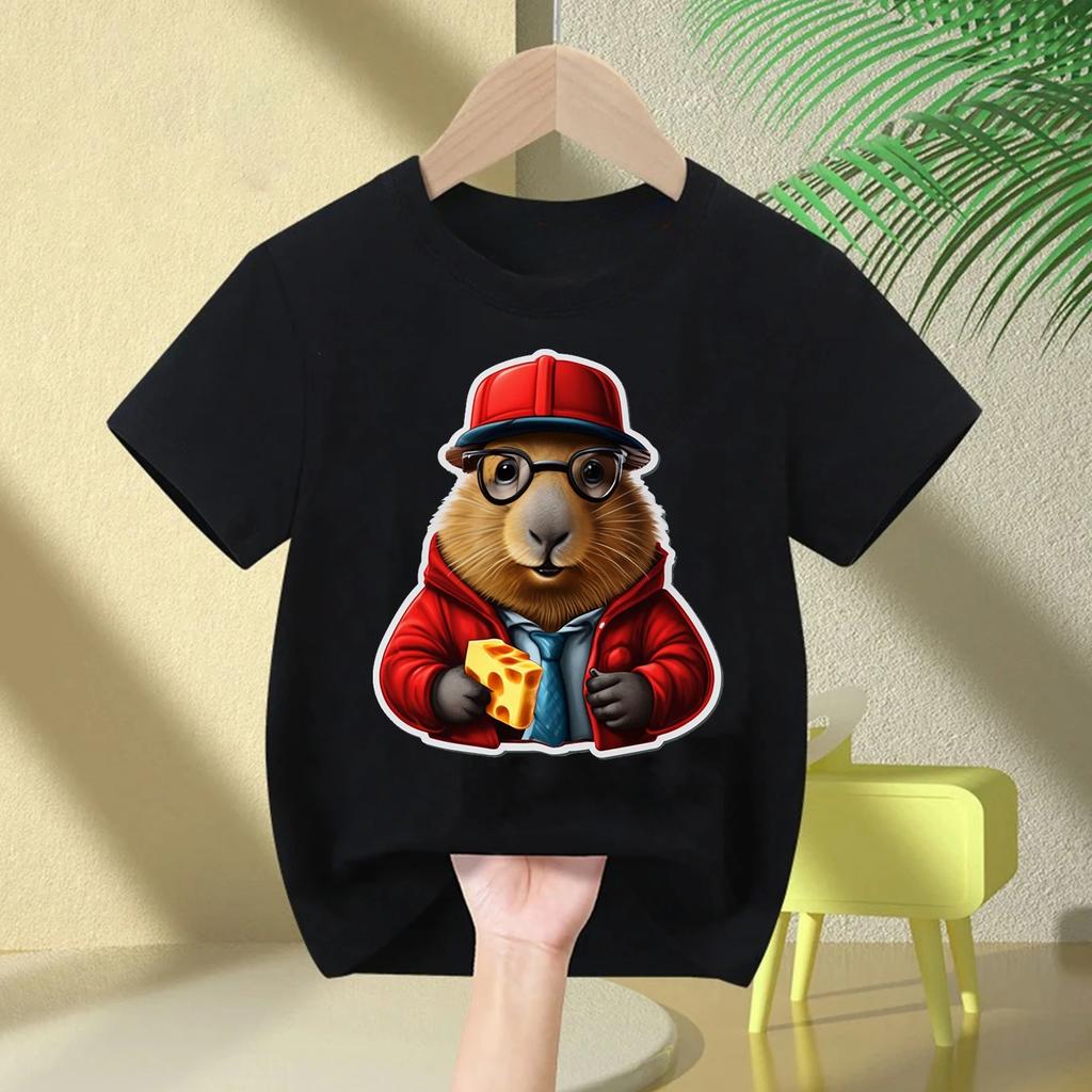 Cute Capybara Loves Bubble Tea Print Kids TShirt Summer Childrens Cartoon Shortsleeved Casual Tops Boys and Girls Clothing
