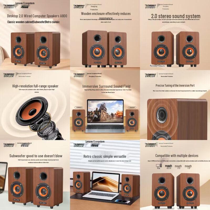 Lenovo A800 Retro Wooden USB Wired Desktop Speakers CN plug (adapter included)