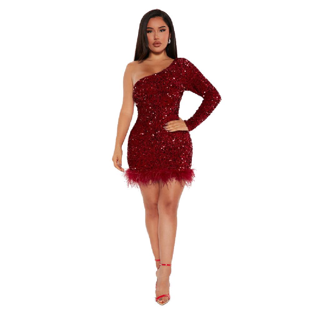 European & American Autumn/Winter Sequin Feather Dress with One-Shoulder Long Sleeve
