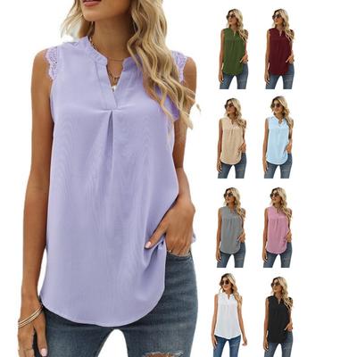 Spring Summer Women's Solid Color Shirt Loose V-neck Sleeveless Lace Trim Blouse, European American Style Casual Top